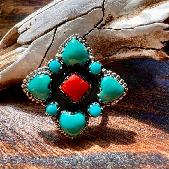 925 Silver Kingman Turquoise Heart Cluster Ring Italian Red Coral Southwest - Picture 1 of 10